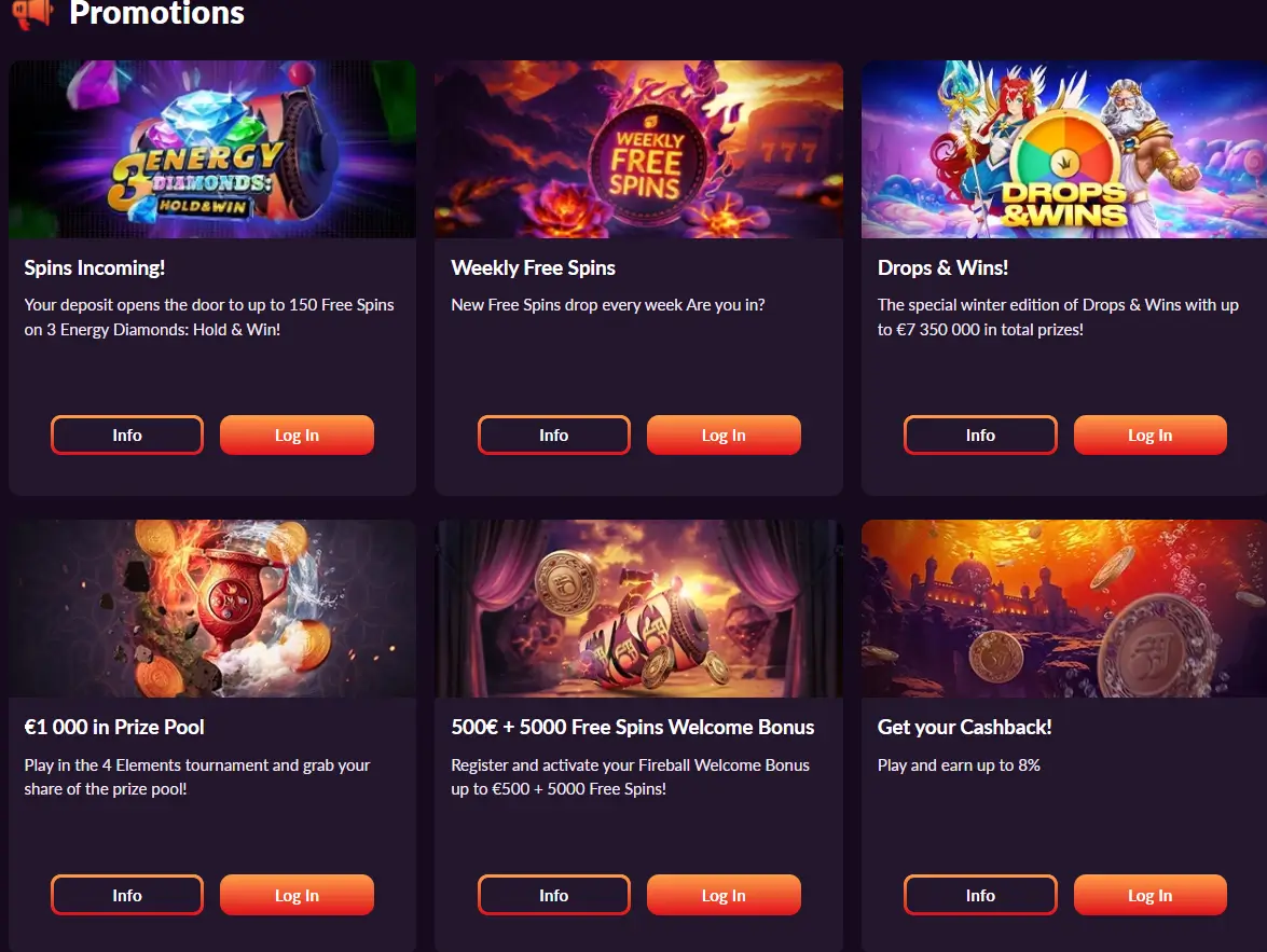 Fireball Casino में प्रमोशन्स और फ्री स्पिन ऑफर्स